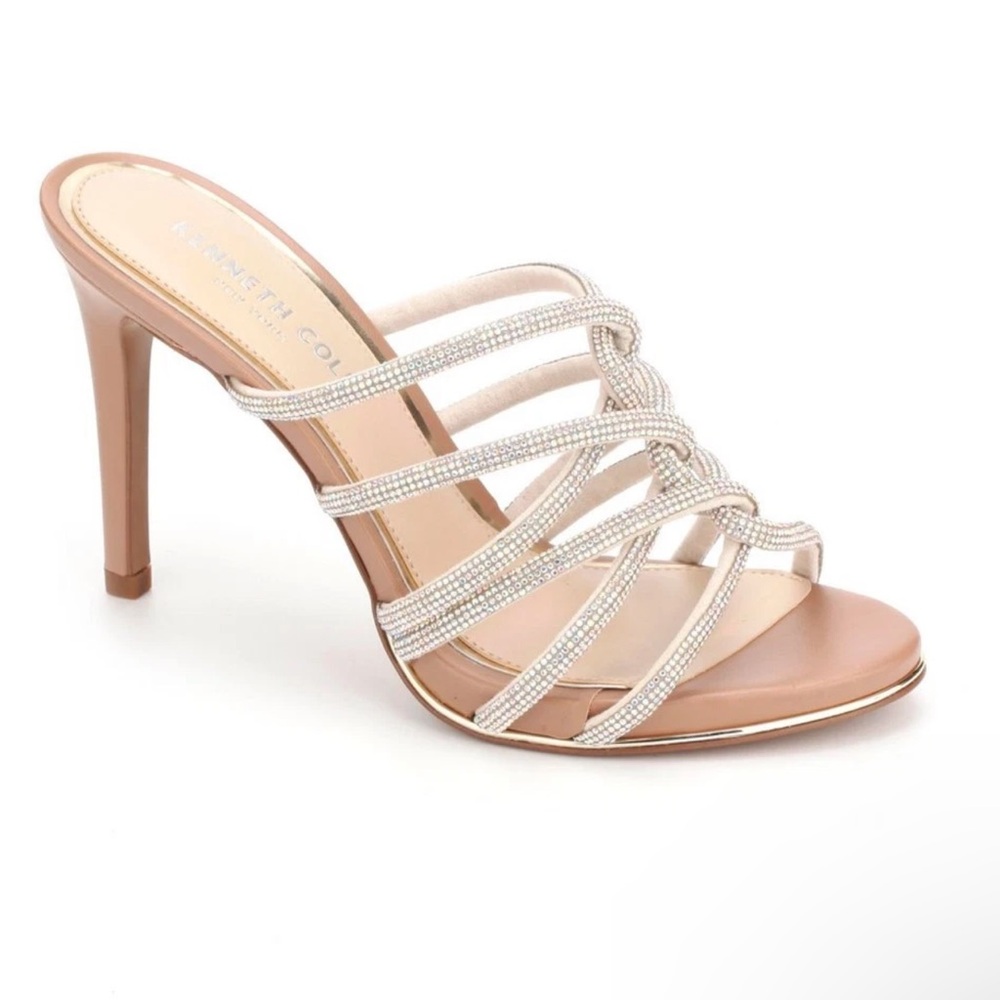 KENNETH COLE Brooke 95 Twist Nude Beige Jewel Straps Heeled Mule Sandals 7 M